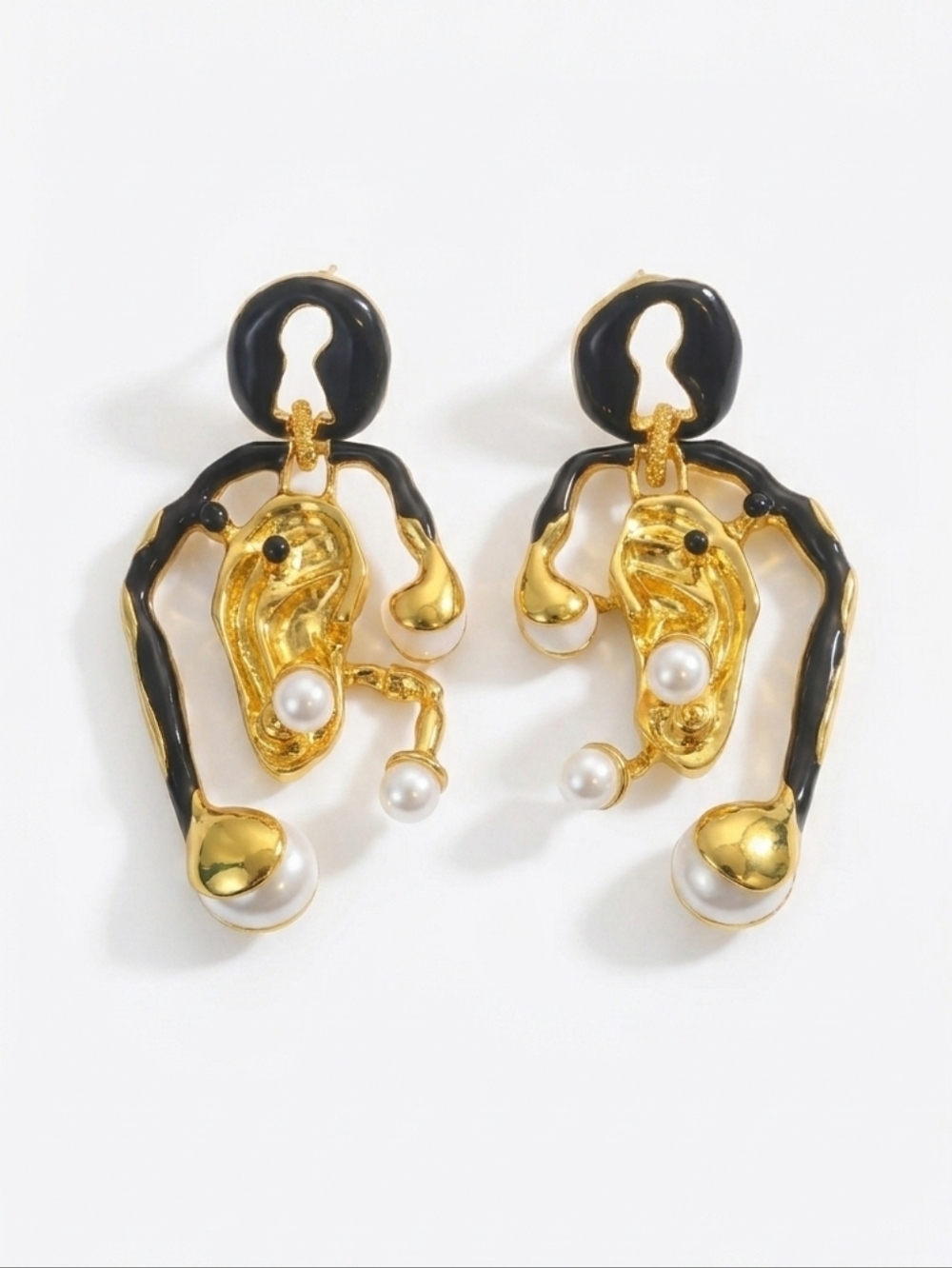 🆕️ Schiaparelli Style Inspo Gold Black Abstract Pearl Drop Earrings NWOT